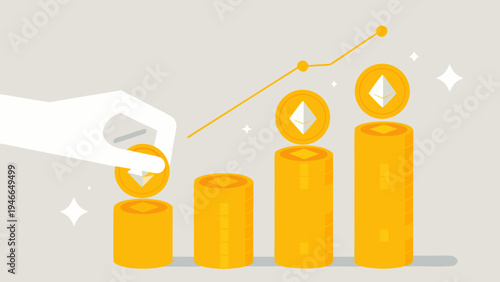 Hand inserting coin into growing stack with upward trending graph