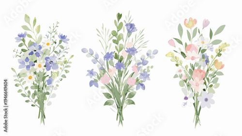Watercolor floral arrangements three bouquets with delicate blooms and foliage