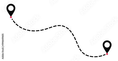 Route location icon, two pin sign with dotted line, vector illustration for navigation, map directions, travel routes, GPS tracking