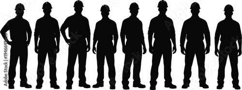 Construction worker silhouettes set, industrial builders wearing safety helmets, engineering labor team standing, professional construction staff vector illustration isolated