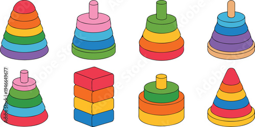 Colorful stacking toys arranged in various formations on white background representing children learning development and educational play vector illustration