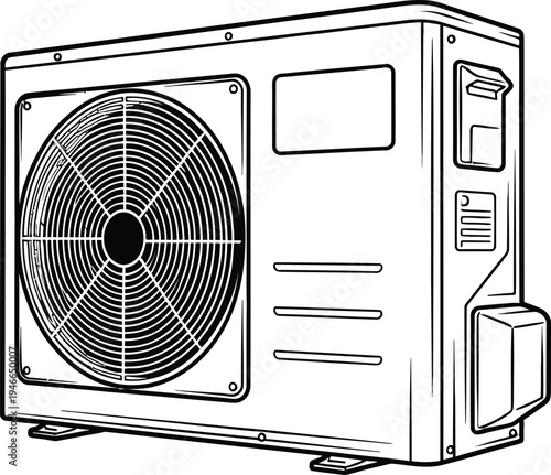 Large air conditioning unit with a visible fan and control panel on the side exterior
