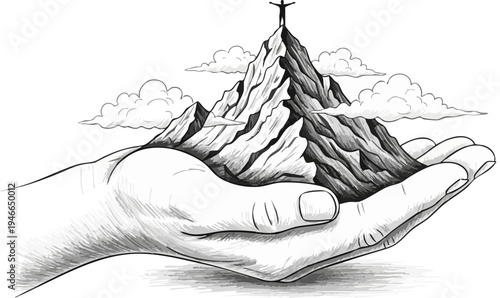 Hand holding a detailed black and white sketch of a mountain peak with a triumphant person at the summit, symbolizing success, achievement, and overcoming challenges vector illustration