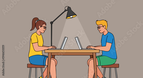 Two diverse young people, a man and a woman, working on laptops at a wooden table under a desk lamp, illustrating remote work, collaboration, or online learning in a flat vector style.