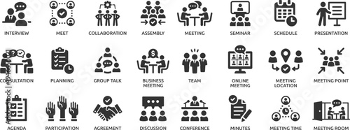 Meeting icon set. Containing seminar, business meeting, presentation, interview, conference, assembly, agreement and discussion icons.