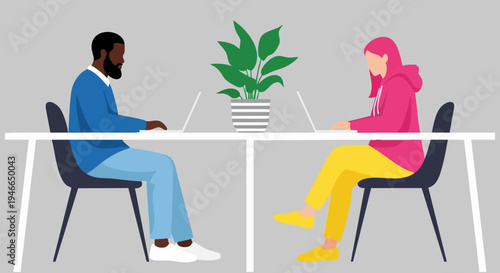 Diverse male and female colleagues working remotely on laptops at a shared white desk with a green potted plant, illustrating modern remote work and collaboration vector