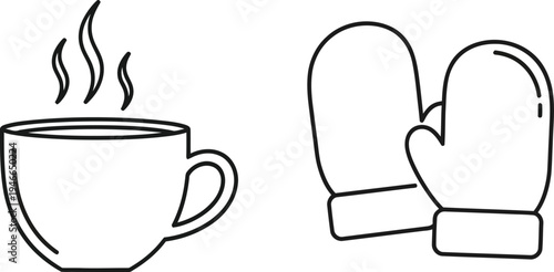 Line drawing of a steaming mug and a pair of winter mittens