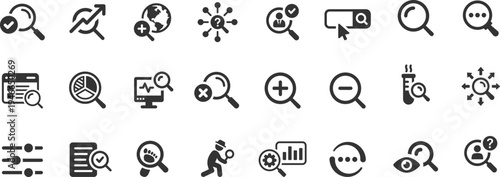 Search icon set. Containing magnifying glass, find, research, SEO and investigate icons.