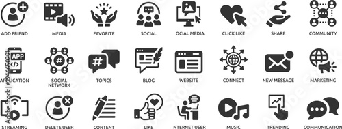 Social Media icon set. Online community, media, website, blog, content, business marketing and social network icons.