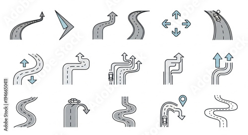 Collection of Hand-Drawn Road and Arrow Illustrations for Navigation and Direction.