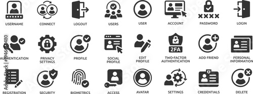 User account icon set. Containing profile, password, login, username, avatar, connect, add friend and more.