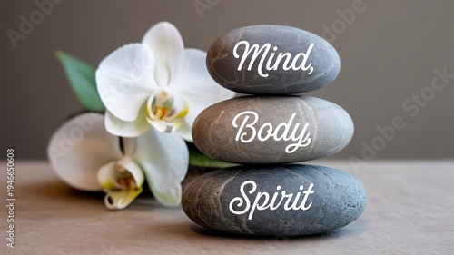 Stacked gray balance stones inscribed with Mind, Body, Spirit next to a white orchid.