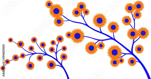 Abstract vector illustration of two stylized floral branches with orange fluffy blossoms and dark blue centers, perfect for modern design projects, backgrounds, and decorative elements.
