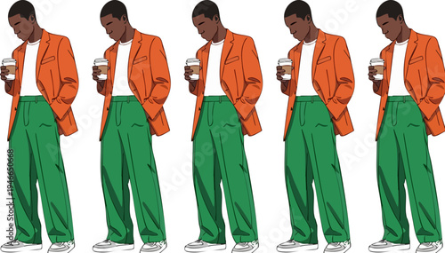 Set of 5 vector illustrations featuring a stylish Black man in an orange blazer, white t-shirt, and green pants, holding a coffee cup, perfect for modern lifestyle and fashion content.