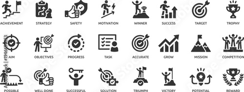 Success icon set. Successful business development, plan and process symbol.