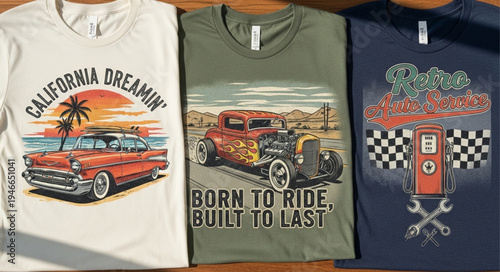 Three T-Shirts with Classic Car Designs - California Dreamin and Born to Ride.