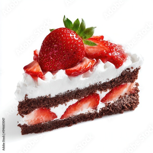 Chocolate cake slice with strawberries and whipped cream served on a white plate during a dessert time