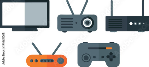Collection of various wireless routers and modern television devices in flat vector style for technology and home electronics concepts