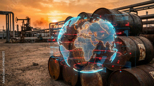 Oil barrels in an industrial refinery yard with a glowing digital globe overlay representing global energy networks, geopolitical tension, and the worldwide oil market.