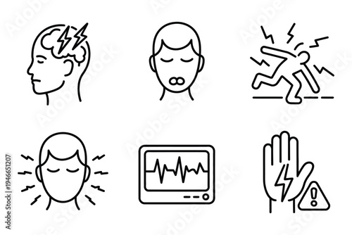 Seizure awareness icons showing symptoms and risks, vector illustrations for epilepsy education, medical awareness campaigns