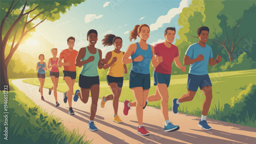 Diverse group of people jogging together on a scenic park path at sunrise enjoying outdoor fitness and healthy lifestyle in a beautiful natural setting