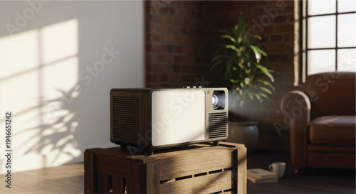 Modern projector placed on a wooden crate in a cozy living room setting