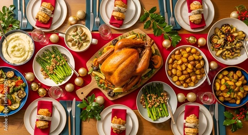 Wallpaper Mural Festive holiday table setting featuring a golden-brown roasted turkey as the centerpiece, surrounded by side dishes, decorative elements, and elegant place settings, evoking warmth and celebration. Torontodigital.ca