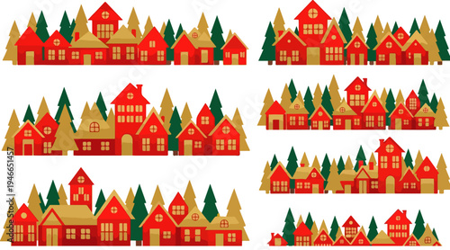 Set of 6 festive red and gold Christmas village borders vector with evergreen trees, ideal for holiday greeting cards, banners, and winter season designs