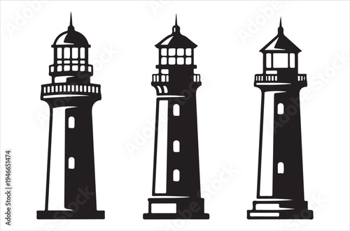 Three black silhouette lighthouses stand against a plain white background