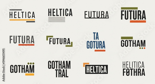 Typography exploration featuring Helvetica, Futura, and Gotham fonts in various styles.