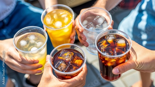 Group of friends toast plastic cups filled with iced soda and juice outdoors on a sunny day.