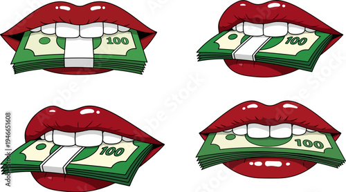 Set of 4 vector illustrations featuring red lips holding stacks of green 100 dollar bills, depicting wealth, greed, and financial concepts for business and marketing designs.