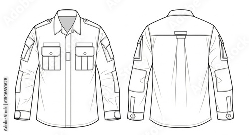 Technical Drawing of a Long-Sleeved Tactical Shirt with Pockets.