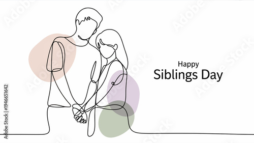 Minimalist illustration of siblings holding hands on siblings day with colorful background
