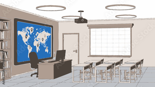 Modern Classroom with World Map Screen and Projector vector illustration