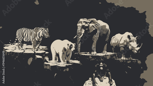 Group of Animals Standing on Pedestals Graphic