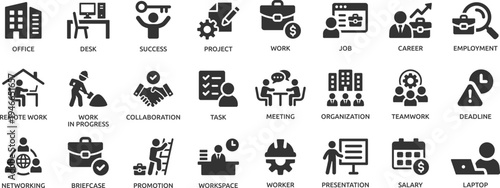 Work icon set. Containing job, career, employment, meeting, organization, teamwork and networking icons.