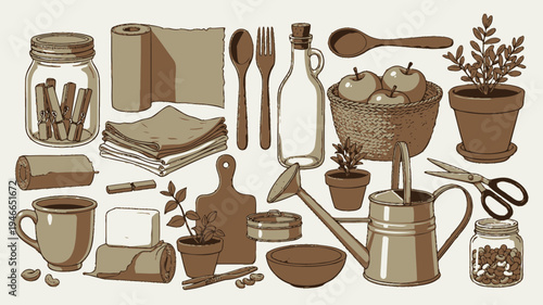 Vintage Zero Waste Kitchen Supplies vector illustration