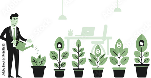Business Growth and Investment Vector Illustration: Businessman Watering Potted Plants with Human Faces Representing Employee Development and Success