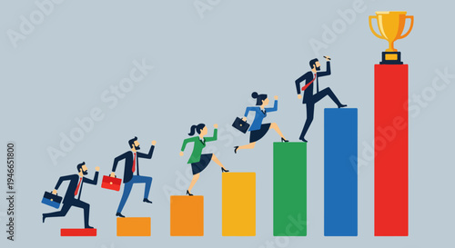 Business people climbing colorful bar chart steps towards a golden trophy, symbolizing career growth, success, and achievement in a competitive corporate environment vector illustration