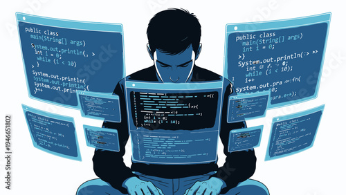 Focused Coder Surrounded by Screens of Code