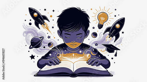 Boy Reading Book With Space Dreams vector illustration
