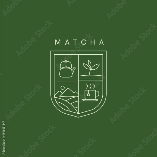 Matcha tea minimal linear emblem badge logo design. Tea drink symbol logo label sign