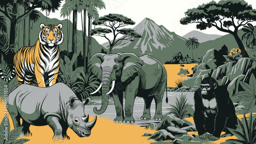 Exotic African Animals in Nature Scene vector illustration
