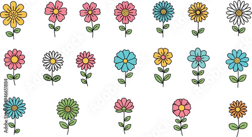 Collection of colorful cartoon flowers with green stems and leaves simple yellow