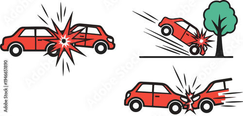 Set of 3 Red Car Accident and Crash Vector Illustrations: Head-on Collision, Tree Impact, and Rear-end Damage for Insurance and Safety Concepts