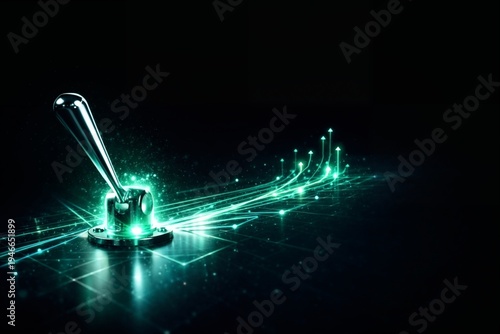 Business strategy leverage concept with a metallic control lever activating glowing digital growth paths. Visual metaphor of leadership decision triggering innovation, scaling and business expansion.