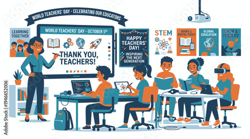 World Teachers' Day Celebration in Modern Classroom vector illustration