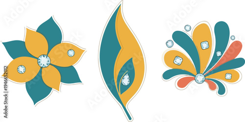 Set of 3 Abstract Floral and Leaf Vector Elements with Teal, Orange, and Yellow Colors Embellished with White Gems, Ideal for Decorative Design