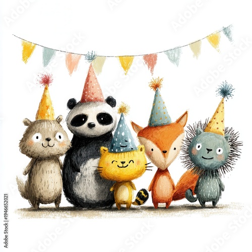 Five playful animals gather for a birthday party celebration with colorful hats and festive decorations in a cheerful setting during the daytime